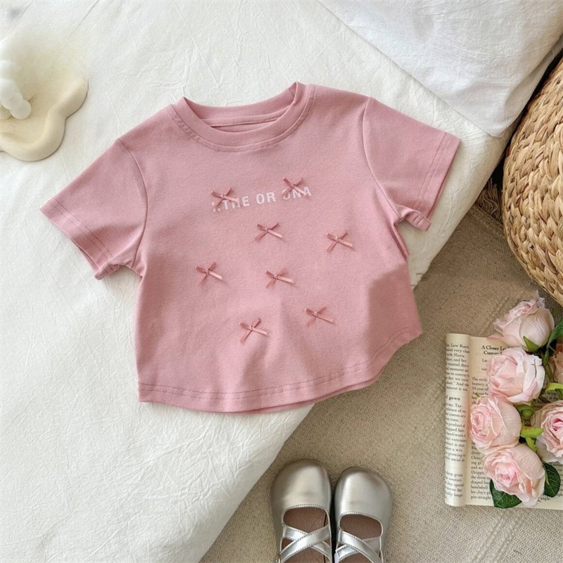 Summer Kids Bow Letter Tryckt T-shirt ins baby flickor Kort ärm tees vita spetskakor kjolar barn bomull casualt toppar 2-7t S1314