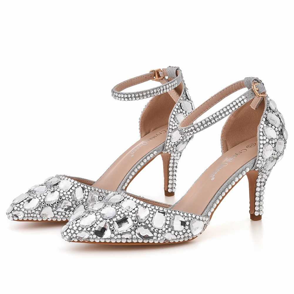 Chaussures habillées Crystal Queen Femmes Mariage argenté Champagne Gol Gold Righestone Pumps Bride Stiletto Princess Water Sandales High Heels H240409 EL84