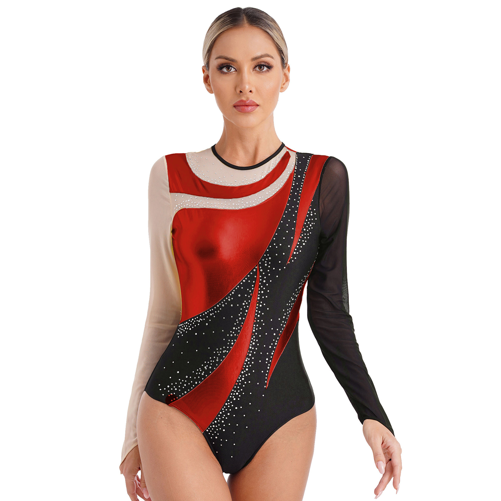 Kvinnors långärmad rytmisk gymnastik Leotard Ballet Jumpsuit för kvinna Metall Patchwork träning Figur Skating Bodysuit