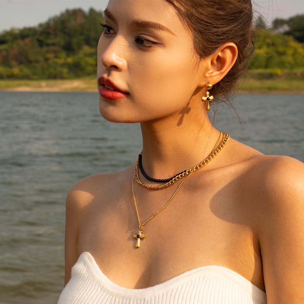 Minimalistisk modedesigner Tiger Eye Stone Black Agate Crossörhängen och örhängen för kvinnor titanstål Polerade 18K True Gold Jewelry