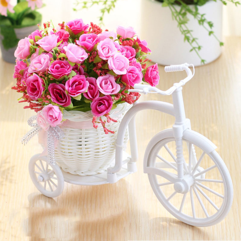 Konstgjorda blommor Silk Roses Rattan Bike Vase Plastic Bicycle Desktop Decorative Rose Bonsai Plant Outdoor Home Office Decor