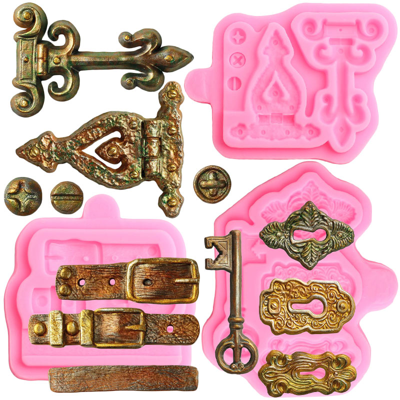 Vintage Lock Key Hinges vis des sangles de ceinture fondant moule de silicone au chocolat moule de bonbons de gâteau décoration en polymère en argile moule