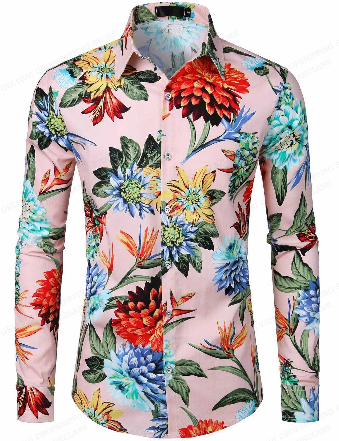 Casual shirts voor heren Red Rose Hawaiiaanse shirts Floral Print Shirts Men Mode Shirt Lange Mouw Beach Blouse White Blouse Mens Clothing Vocation 240409