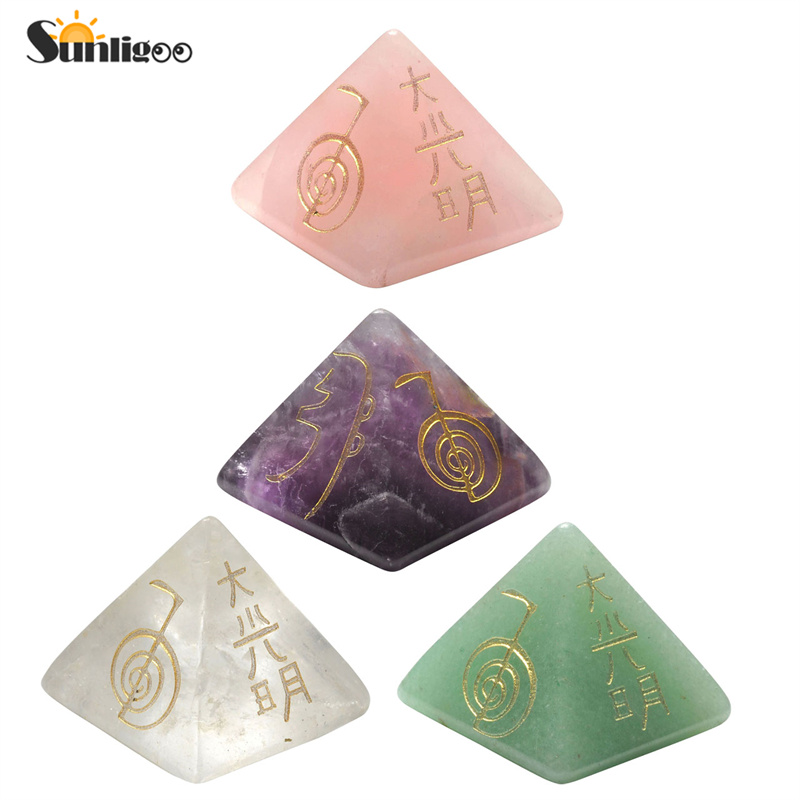 Sunligoo Dropship Mini Usui Reiki Symbol Pyramid Amethyst Crystal Piramide Healing Gemstone Etched Energy Ornament Yoga Decor