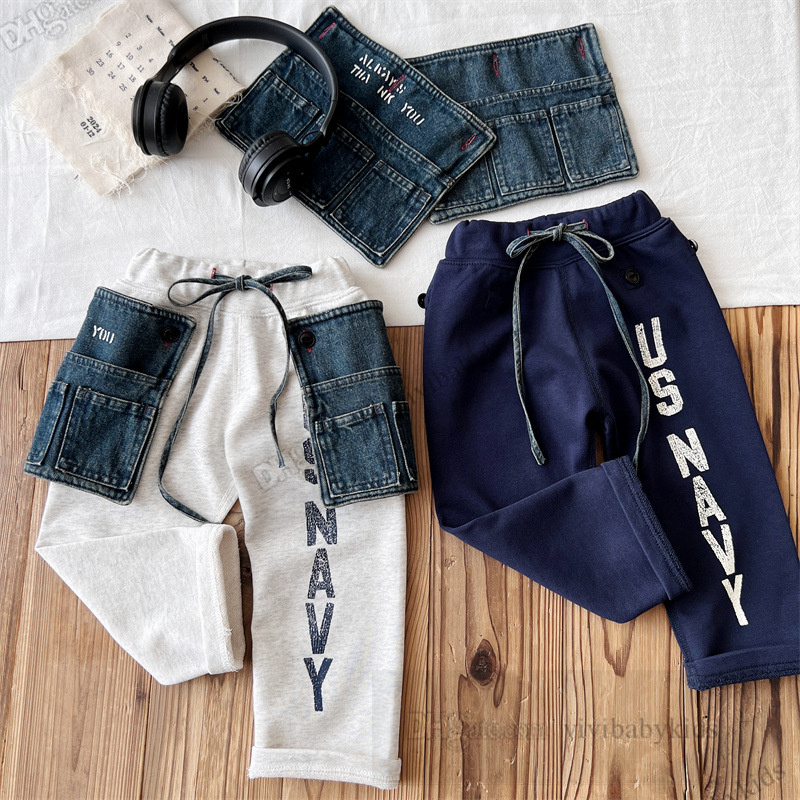 DD -stijl kinderbrief geprinte broek jongens afneembare denim pakket casual broek mode kinderen trekstring taille losse broek z7599