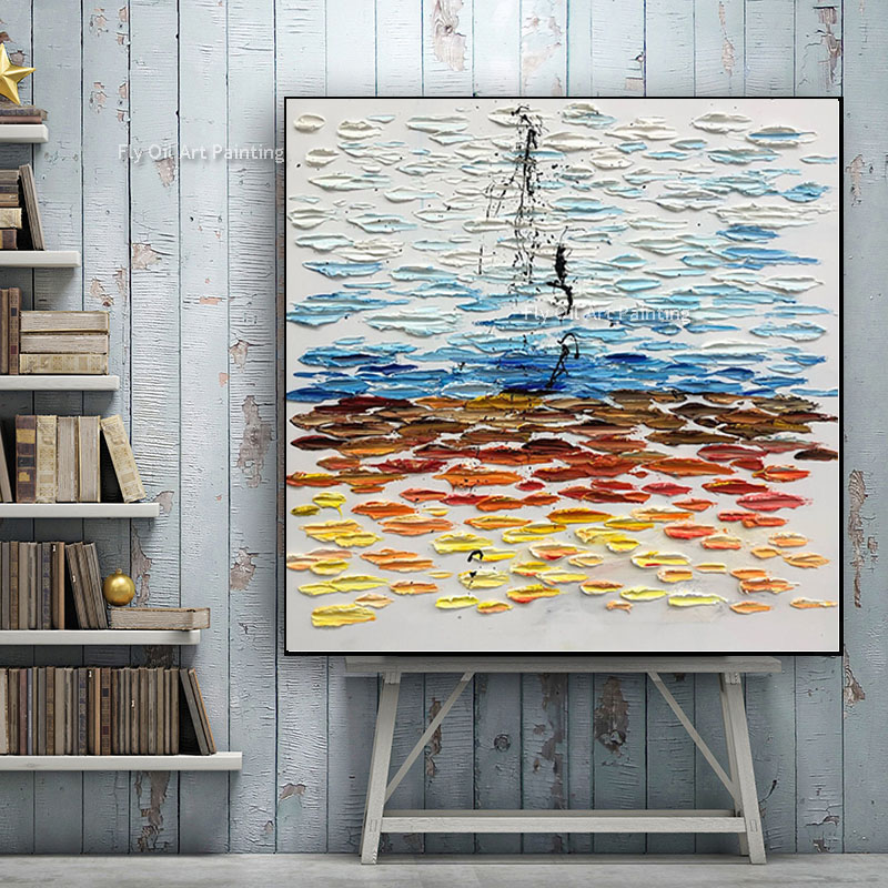 Abstrakte Bootsmalerei Leinwand Impasto Ölmalerei 100% handgefertigtes Kunstwerk abstrakte Seelandwandwand zeitgenössische Kunst Wandhängedekor für Zuhause