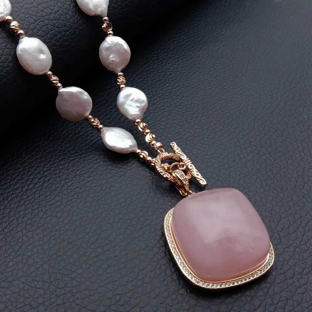 Colares pendentes KKGEM 29mm Rose Quartz Cz Paving Square Pinging 19,5 12mm Coloque de moeda branca cultural Colar de pérola