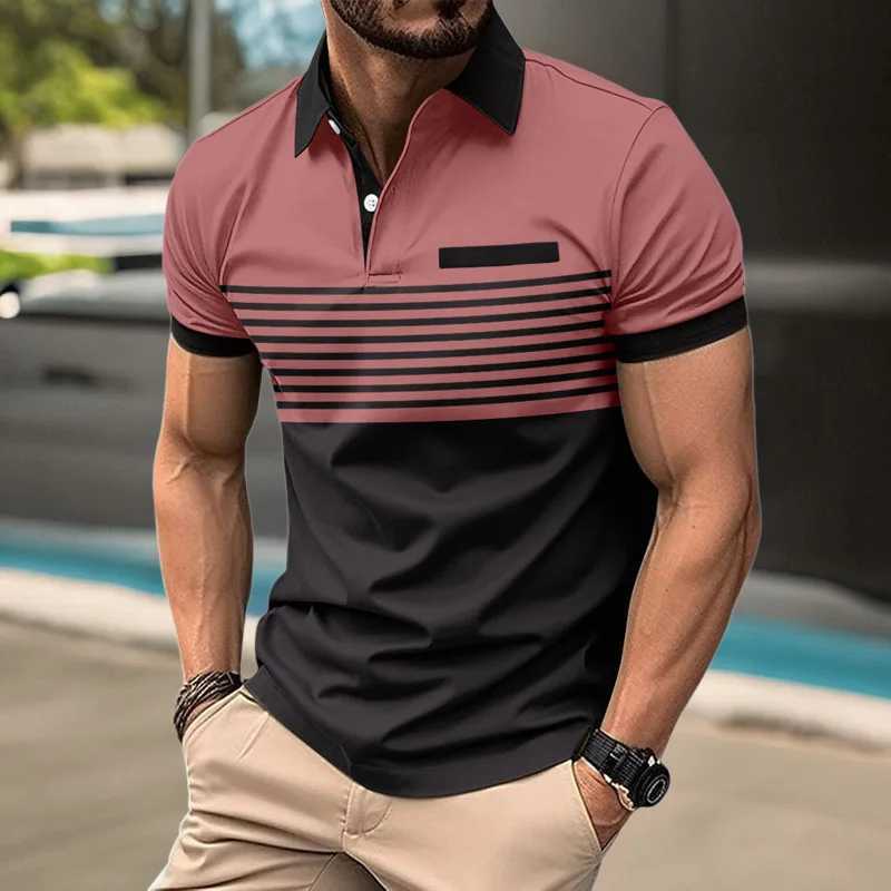 Chemises décontractées pour hommes pour hommes à manches courtes à manches courtes 3D Polo à rayures imprimées Digital Fake Pocket Buckle Mens Business Casual Top 2449