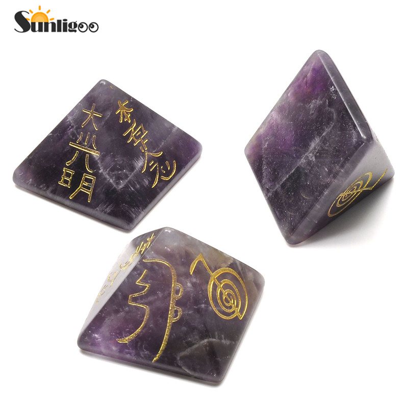 Sunligoo Dropship Mini Usui Reiki Symbol Pyramid Amethyst Crystal Piramide Healing Gemstone Etched Energy Ornament Yoga Decor