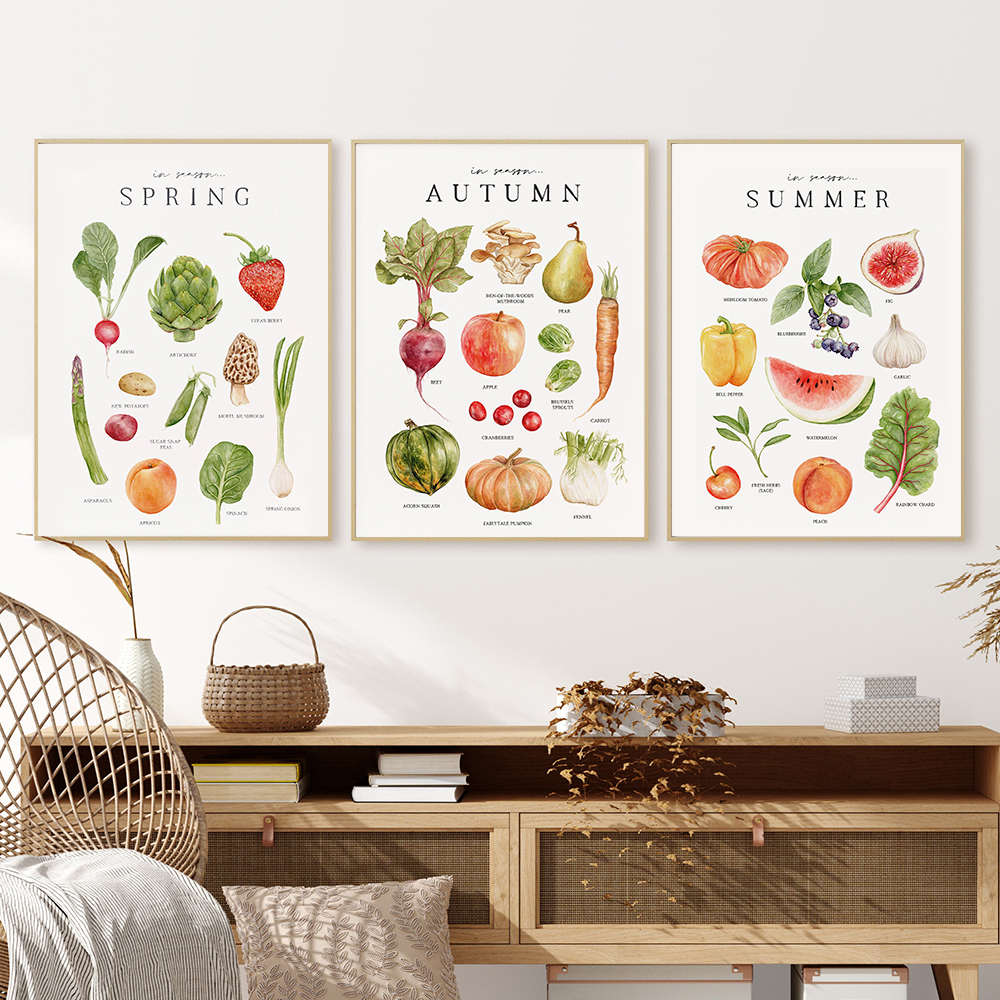 Fruit&Vegetables Poster Watercolor Seasonal Produce Prints Kitchen Wall Art Canvas Painting Pictures Dining Room Home Decoration