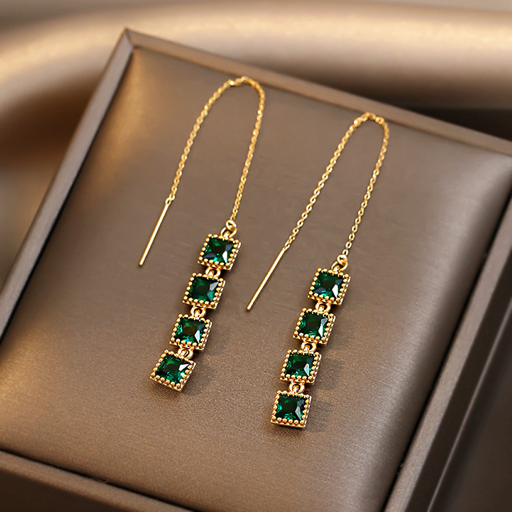 Huitan Trendy Long Hanging Earrings for Women Luxury Inlaid Green Cubic Zirconia Elegant Female Wire Earrings Party Jewelry Bulk