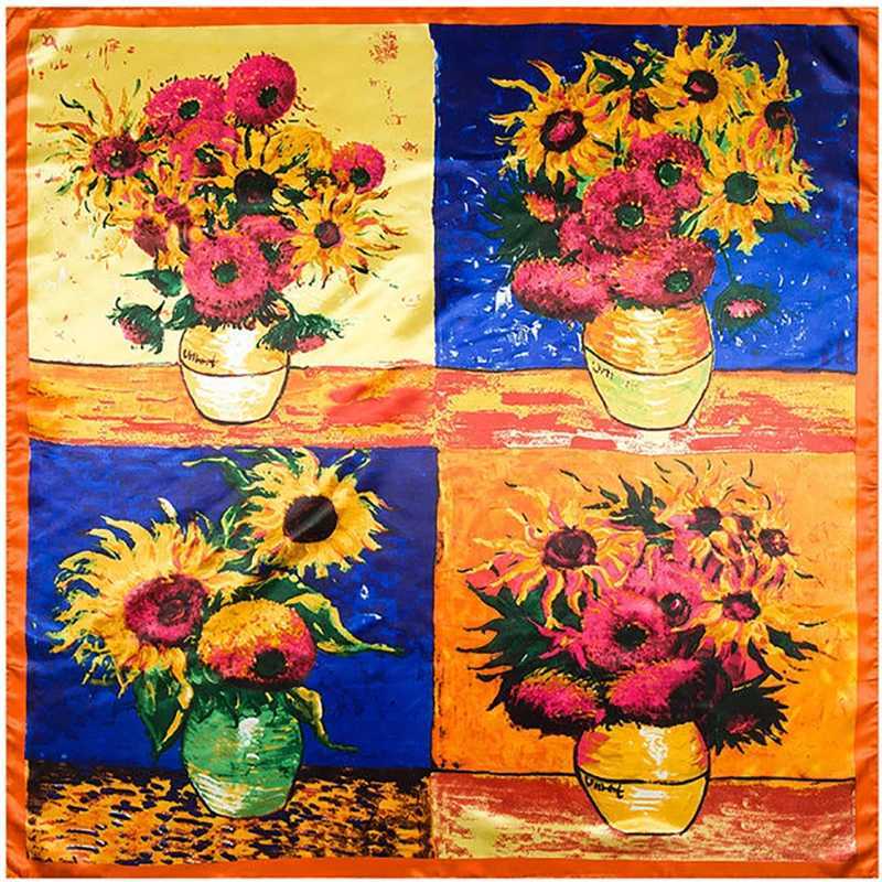 Scarves 90cmHot Sale Spring Van Gogh Classic Series Oil Painting Vase Sunflower Lady Decoration Simulation Silk Scarf Large Square Scarf 240410