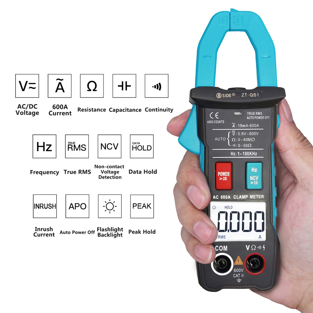 BSDE ZT-QB1 Medidor de grampo digital Multímetro 600A Current RMS RMS Smart Pelier Amperímetro DC/AC Resistência de tensão NCV Hz Testador