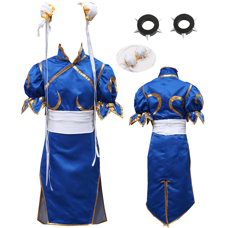 Cosplay de anime Cosplay Blue Chun-Li Costume Blue Cheongsam Chun-Li Fight feminino Fantas