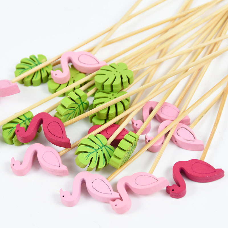 100st Hawaiian Tropical Toothpick Flamingo Palm Leaf Bamboo Pick Dessert Stick Cocktail Fruit Fork For Summer Beach Party Decor