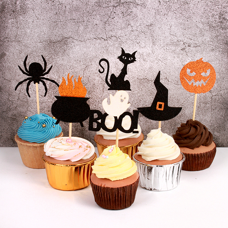 Cake Topper Halloween Pumpkin Spider Witch Hat Spider Happy Birthday Cupcake Toppers Baking Party Flag Baby Shower Cake Decor