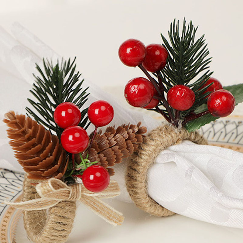 Christmas Natural Jute Napkin Ring Xmas Table Pine Cone Napkin Holder Red Flower Towel Buckle Wedding Christmas Dinner Decor