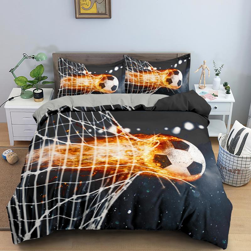 3D Boys Football Comforter Cover Set Queen Size Soccer Ball Duvet 1/2 Pillowcases 1 Bedding