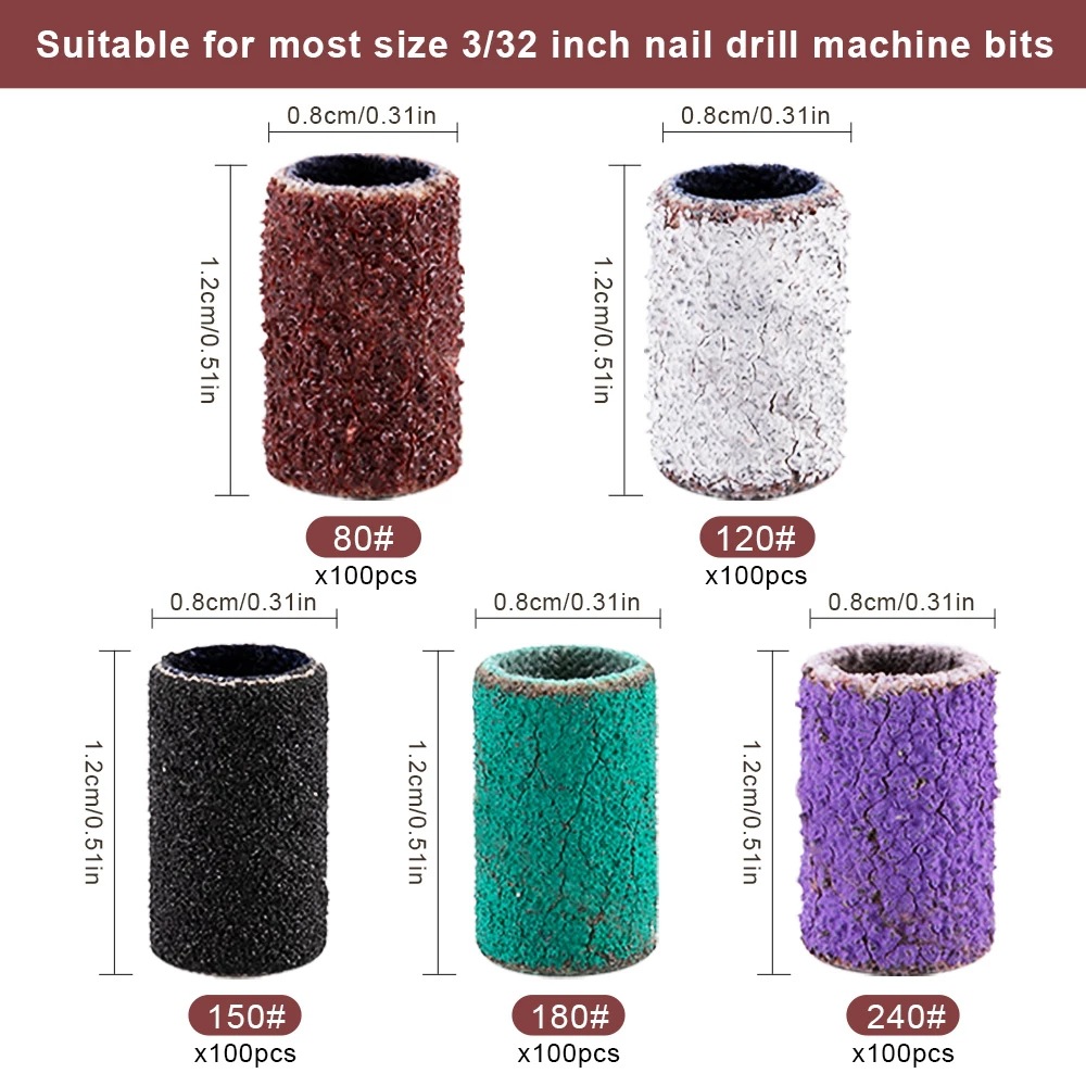 100 szt. Schuren Cap Pasme Voor Elektrische Manicure 180/120/80 Schuurbanden Sand Cap Purple Pierścień Pierścień