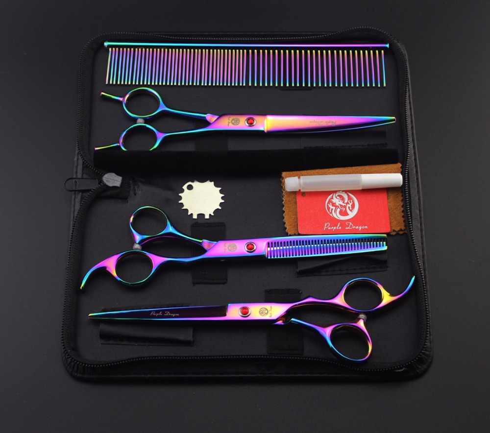 Purple dragon 7.0 inch Professional hair scissors for dog grooming pet scissor Straight +Curved +Thinning Shears +Comb (5)