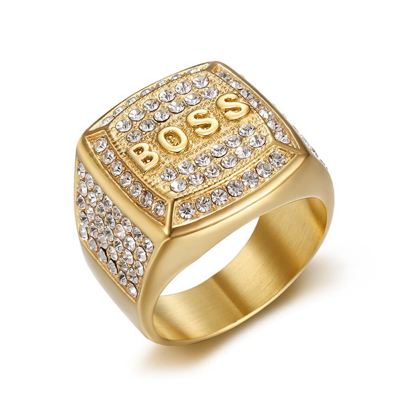 Hip Hop Square Stainless Steel BOSS Letter Casting Ring Real Gold Plated Jewelry