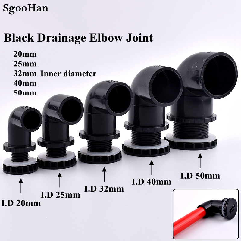 2~I.D 20~50mm Black PVC Pipe Aquarium Butt Fish Tank Drain Joints Home DIY Tube 90° Elbow Water Drainage Connectors