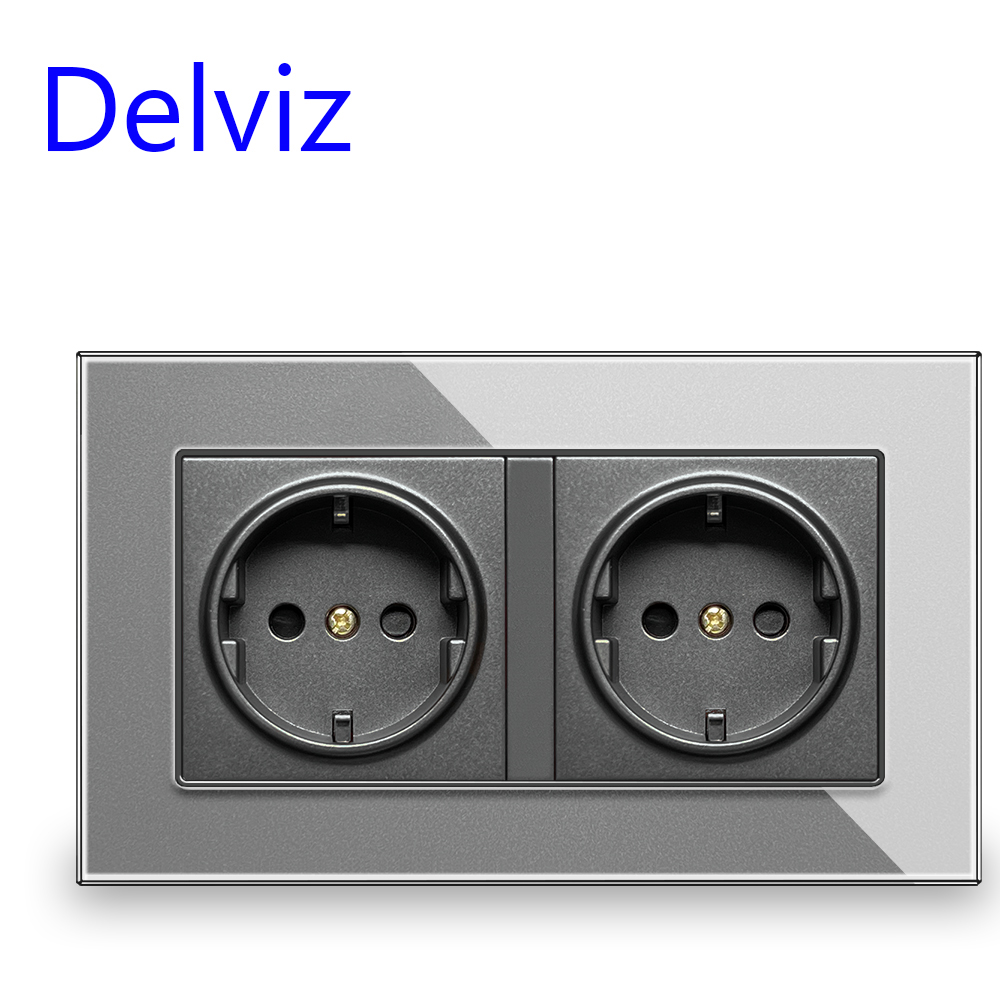 Delviz EU Standard USB -uttag, 5V 2A Kvalitet USB -laddningshål, grå kristallglaspanel, 110 ~ 250V 16A Power Wall Double Outlet