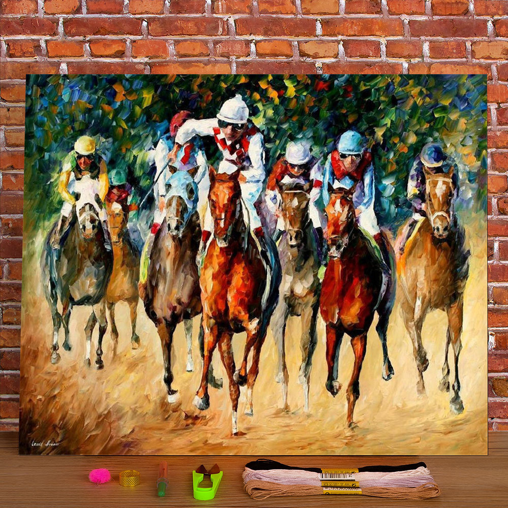 Horse Race Gedrukt 11ct Cross-Stitch Full Kit Borduurwerk DMC DRAADS WERKEN Sewing Hobby Handwerk Mulina-pakket