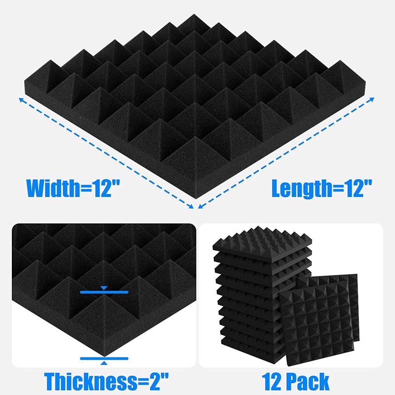 12st ljudisolerade skumpaneler, 2 tum x 12 tum x 12 tum pyramidformade akustiska paneler för vägg, studio, hem och kontor