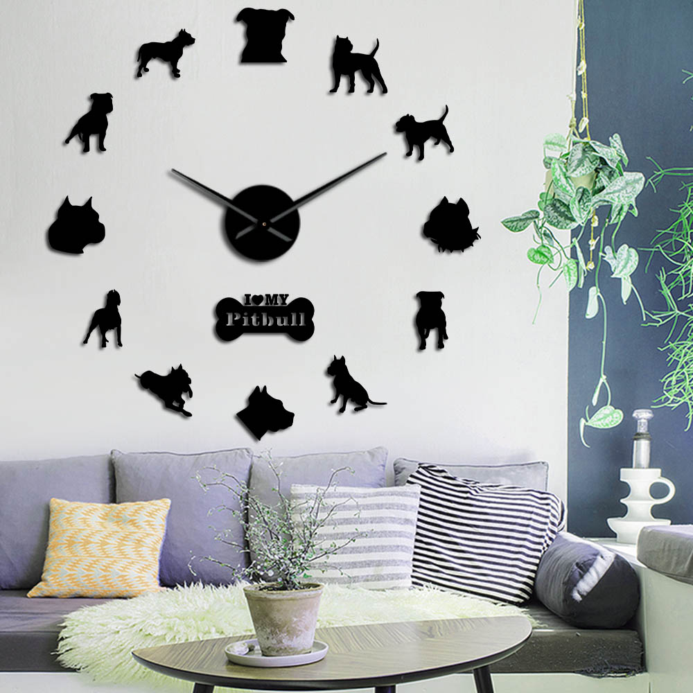 ピットブル大きな壁の時計犬の犬種ピッティホームDeocr Self Adhesive DIY 3D Wall Clock Mirror Surfac