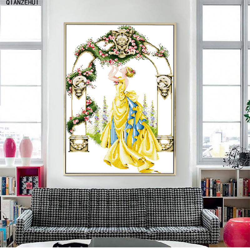 QIANZEHUI,Needlework,DIY Rose in gate and courtyard Cross stitch,Sets For Embroidery kits Cross-Stitching,Wall Home Decro