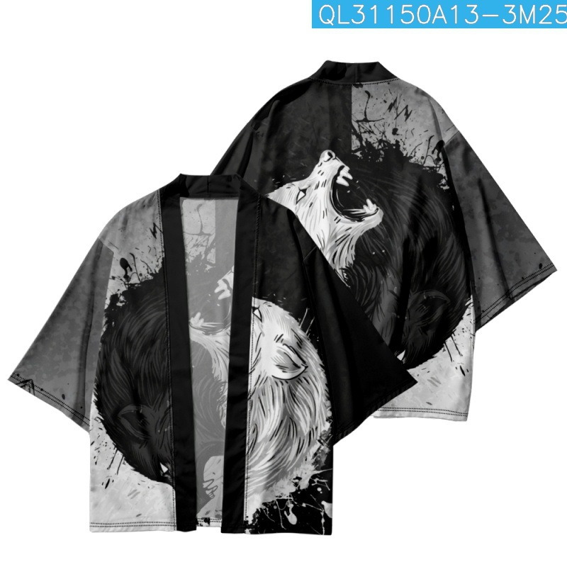 Japanese Wolf Print Kimono And Shorts Harajuku Streetwear Blouse Shirt Man Yukata Haori Cardigan Samurai Clothing Kimono Jacket