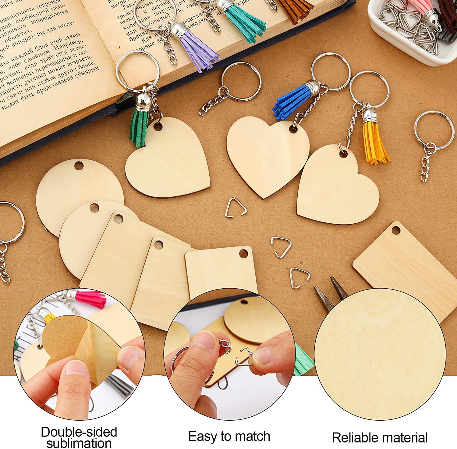 Charms houten ornament lege kit met cirkels sleutelhanger kleurrijke kwastjes sleutelhanger ringen jump ringen voor doe -het -zelf handgemaakt cadeau