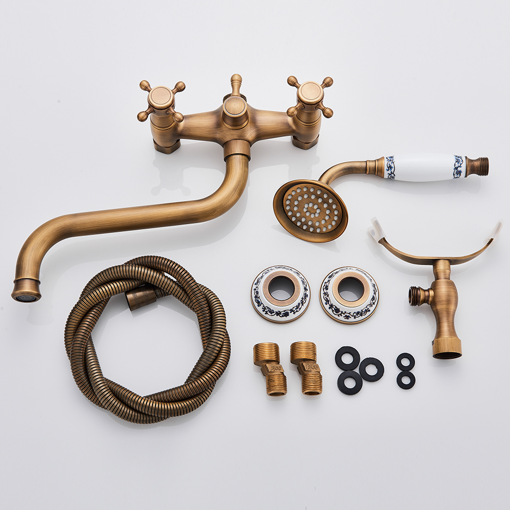 Torneira de banheira antiga de latão na parede de 30 cm de comprimento Bathtub Bathtub Mixer Tap Brass Gire o banho de banho de nariz comprido Conjunto de chuveiro de cerâmica