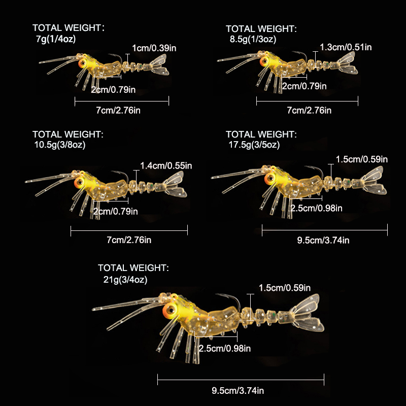 isca artificial Luminous Glow Shrimp Lure Lures de pesca macia Lures de água doce Bass Lure Lub Worms Lure M164