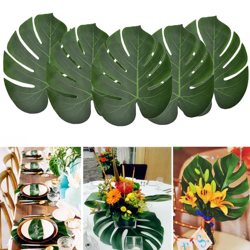 5-Green / Gold Tropical Palm Feuilles Monstera Turtle de soie artificielle Feuilles à la maison Hawaiian Luau de mariage décor de fête fausse plante