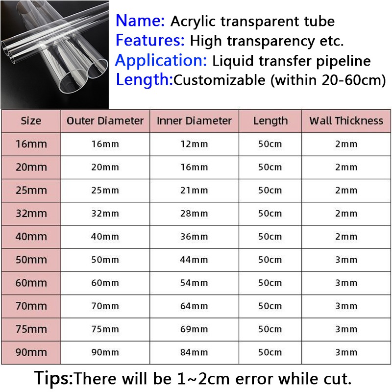 49 ~ 50 cm de long O.D 16 ~ 110 mm Pipe acrylique transparent PMMA TUBE VERRE ORGANIQUE Aquarium Accessoires Assyliques de tuyaux Tube acrylique