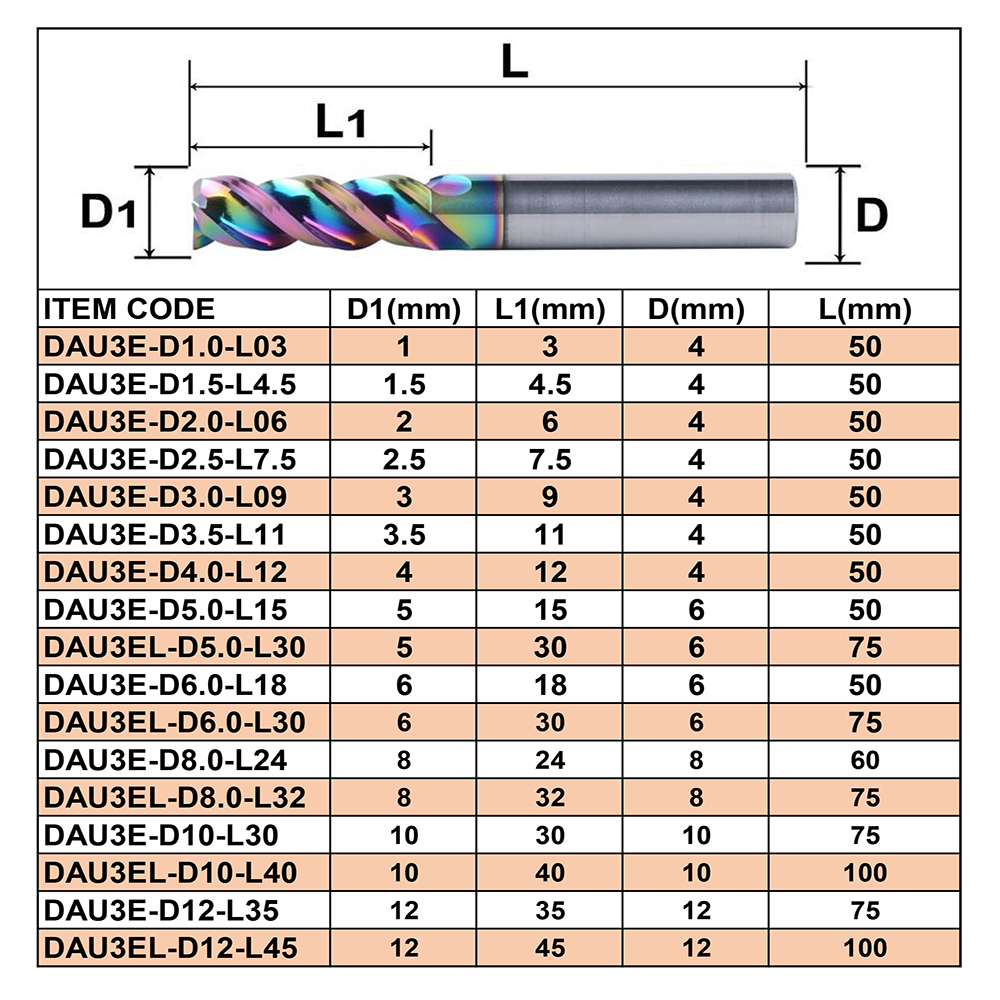 Dreanique 1-12mm CNC 3 Flute Solid Tungsten Carbide Alloy End Mill, DLC Coating, U-Shaped Milling Cutter for Aluminium DAU3E