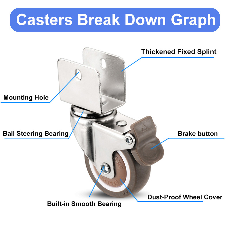 Crib Casters Swivel Caster 1 inch Soft Rubber16-18mm Splint with Brake Wheels With Screws Furniture Hardware Fittings