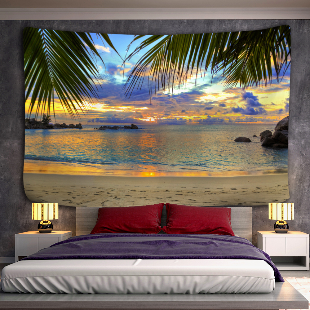 Tropical Beach Sunset View View Tapestry Mur suspendu Boho Aesthetic Room Bedroom salon décor