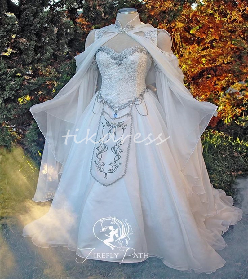 Medieval Fantasy Elvish Wedding Dress With Cape Victorian Fairy Grecian Bride Dress Appliques Lace Embrodiery Renaissance Robe Mariage Bridal Flare Long Sleeve