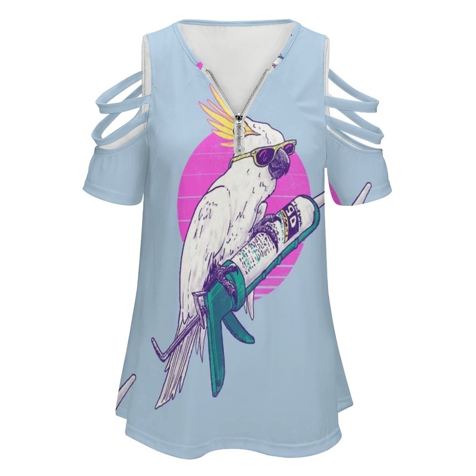 Caulkatoo Women Zipper Sexy Gedrukte Vintage T Shirts Tops Full Print T-Shirt Bird Lol Pun Cockatoo Tropical Caulking Caulk Gun