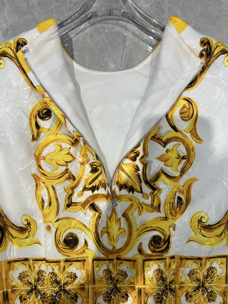 Fashion Femmes Jacquard Robe imprimée porcelienne jaune Lady O-Neck sans manches Street Mini Vestidos
