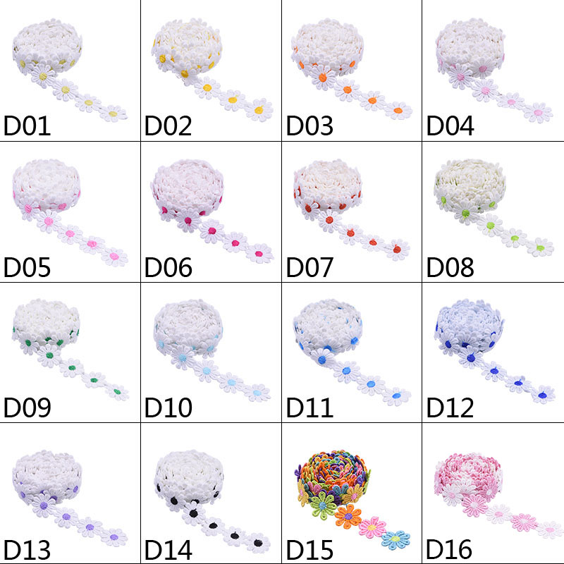 3yards 2,5 cm breite Farbe kleine Gänseblümchenblumen -Spitzenbänder Polyester Spitze gesticktes Zähne Stoff nähen handgefertigte Accessoires