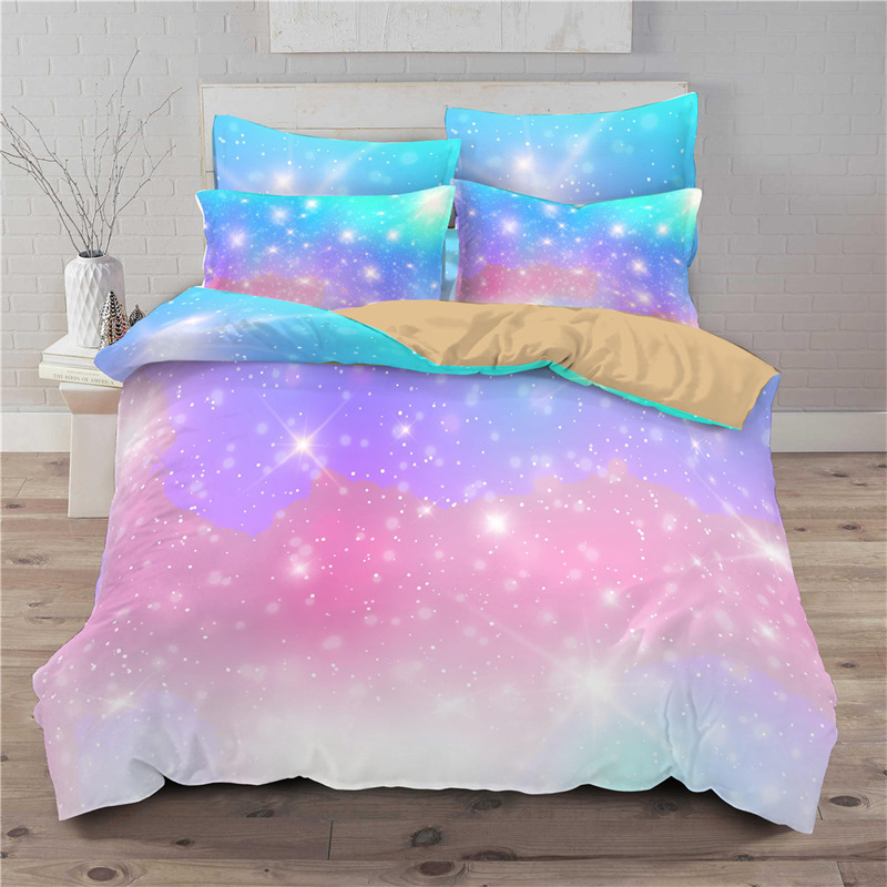 Rainbow Däcke Cover Set Cloud Sky Pink Blue 3D Print sängkläder Set Queen Size Microfiber Golden Star Comporter Cover Bedroom Decor