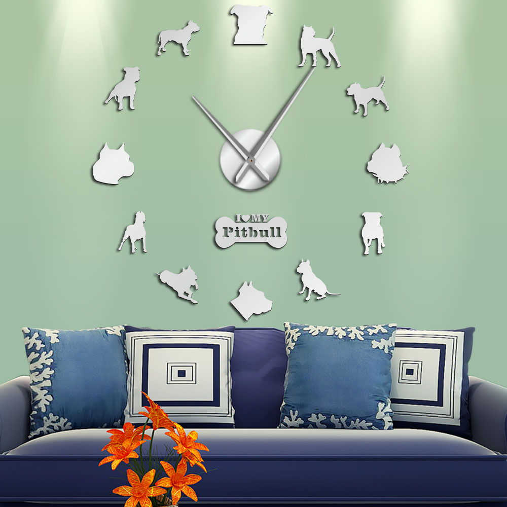 ピットブル大きな壁の時計犬の犬種ピッティホームDeocr Self Adhesive DIY 3D Wall Clock Mirror Surfac