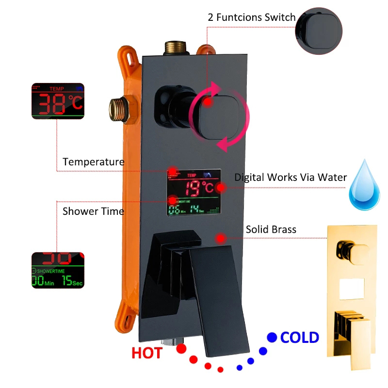 LED Digital Display matt svart dusch kranuppsättning badkar regn vattenfall duschsystem badblandare kran badrum varm kall mixer