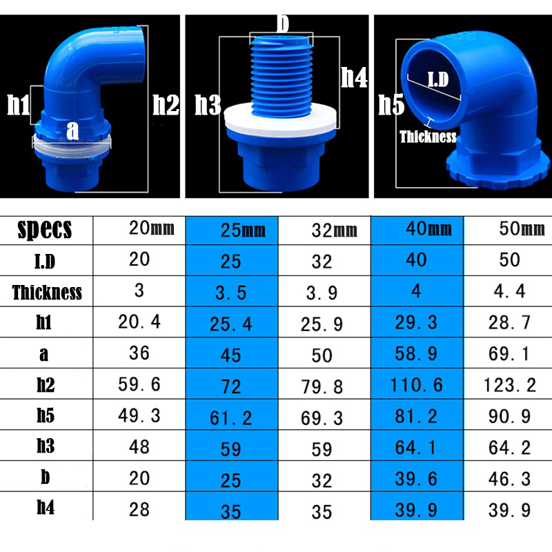 Inner Dia 20/25/32/40/50MM L-Type Fish Tank Drain Tube Joint Aquarium Water Inlet Outlet Joints PVC Elbow Connector