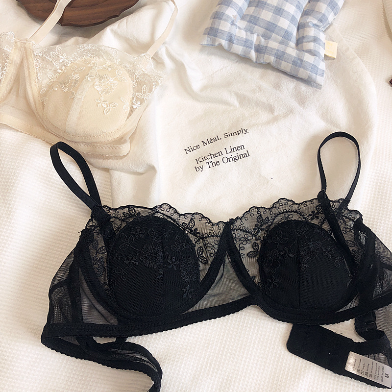 Broderie en filet en dentelle ultra-mince bralette half tasse perspective creux soutien-gorge de gros seins montrent de petits sous-vêtements