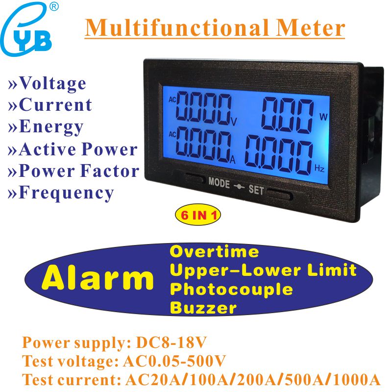 YB5142DM AC 0-500V Digital Voltmeter Ammeter 0-20A 100A 200A 500A 1000A Voltage Current Wattmeter Energy Frequency Power Meter